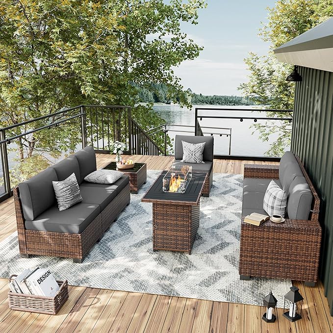 UDPATIO Patio Furniture Set with Fire Pit Table, 8 Inch Armrest Outdoor Sectional Sofa, 9 Piece Wicker Outdoor Furniture Conversation Sets with Waterproof Cover for Backyard Deck(Brown/Dark Grey)