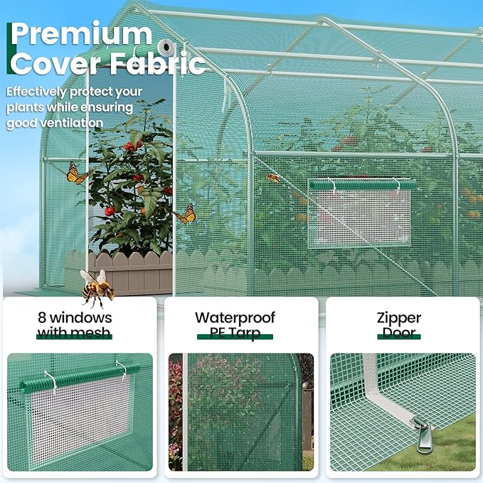 Walk-in Greenhouse 10×20×7FT, Outdoor Tunnel Greenhouse, Large Plant Hoop House for Outside, Hot House for Winter with 6 Ventilated Mesh Windows, Galvanized Steel Frame (Green, 20×10×7FT)
