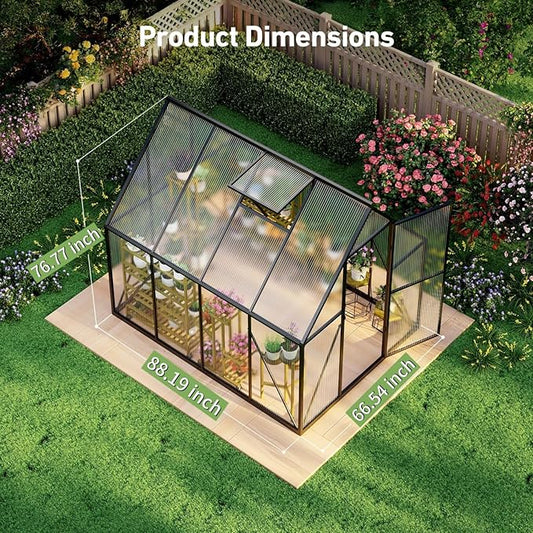 6x7.5FT Outdoor Greenhouse, Polycarbonate Green House, Small Walk-in Greenhouse with Vented Roof Window, Windproof Aluminum Frame with Hygrometer , Suitable for Gardening