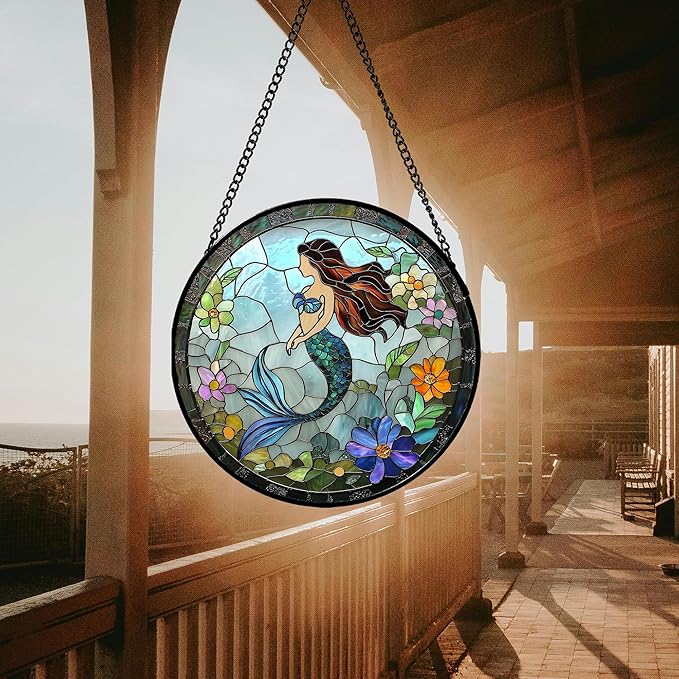 JOSUMALY Stained Glass Window Hanging - Light Blue Mermaid Suncatcher for Door Terrace Garden Home Decor, Ocean Flowers Sun Catcher Birthday Gifts for Lovers Women Men Dad Mom Nana 15 in