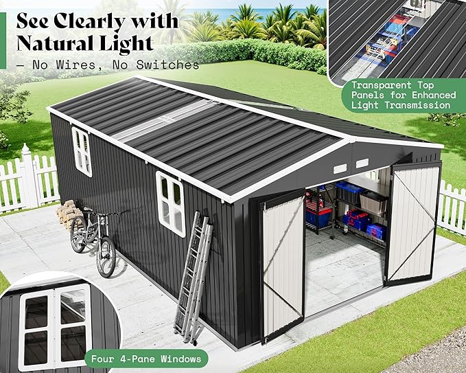 AMERLIFE 12x20x7.2 FT Outdoor Storage Shed with 2 Transparent Panels, Metal Garden Shed with Hinged Double Doors, Windows & Vents, Reinforced Steel Frame for Backyard Garden, DIY Workshop, Dark Gray