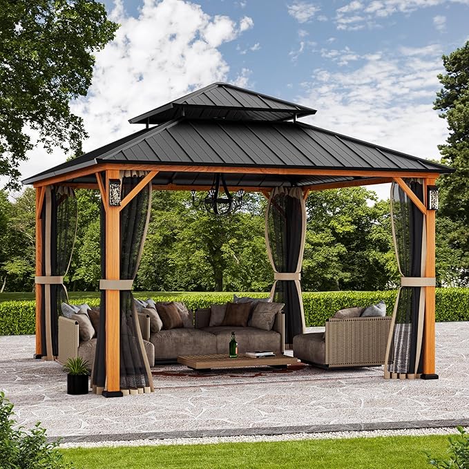 Modern Shade The Horizon Hardtop Gazebo 12' x 12' with 4 LED Lights, Permanent Outdoor Gazebo with Galvanized Steel Double Roof, Grill Pavilion with Decor Hooks, Mosquito Nettings, Wood Grain