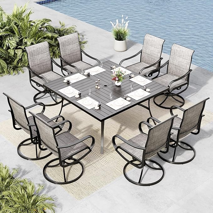 MFSTUDIO Patio Table and Chairs Set, Patio Dining Set for 8 with Umbrella Hole, 9 Piece Outdoor Patio Furniture Set for Deck/Backyard/Poolside/Garden