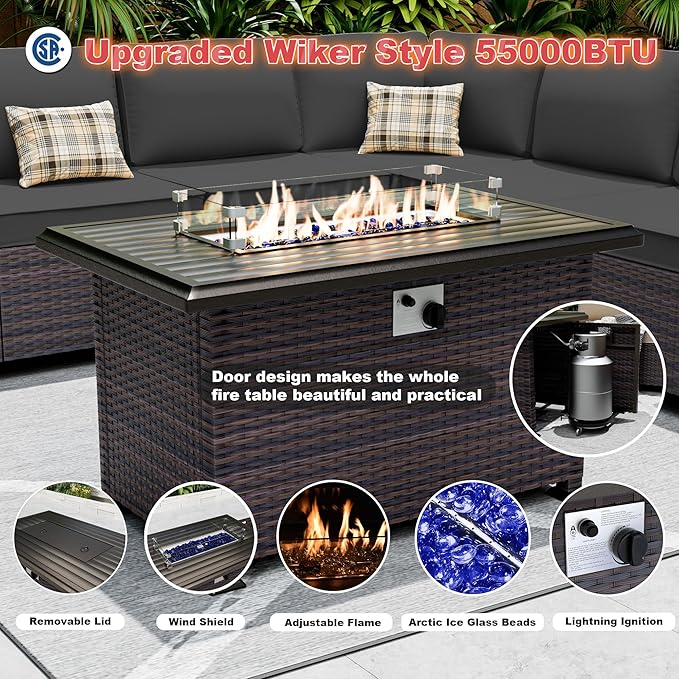 Outdoor Patio Furniture Set with Fire Pit Table, 13 Pieces Outdoor Furniture Set Patio Sectional Set w/43in Propane Fire Pit, PE Wicker Rattan Patio Conversation Sets - Black.