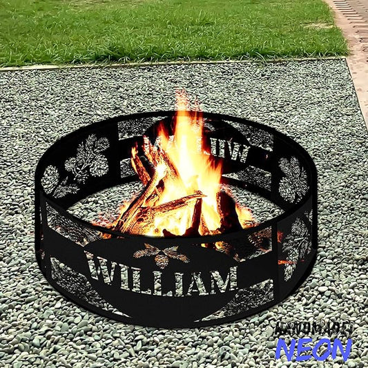 Personalized Fire Pit Ring Pine Bough Custom Name Rustic Metal Campfire Ring 360 Degree Fire Pit Outdoor BBQs Backyard Camping Garden Decor for Father Dads