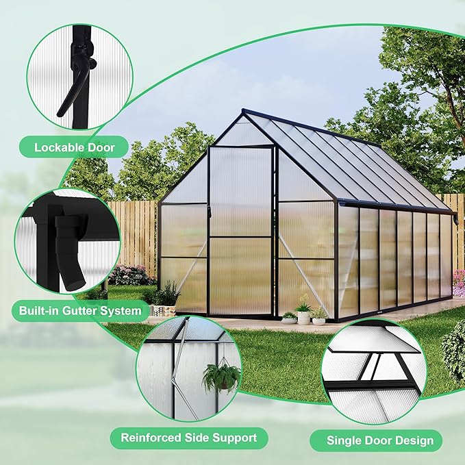 Polycarbonate Greenhouse for Outdoors, Large Walk-InGreenhouse with Quick Setup Structure and Roof Vent, Greenhouse with Ventilation and Rain Gutter