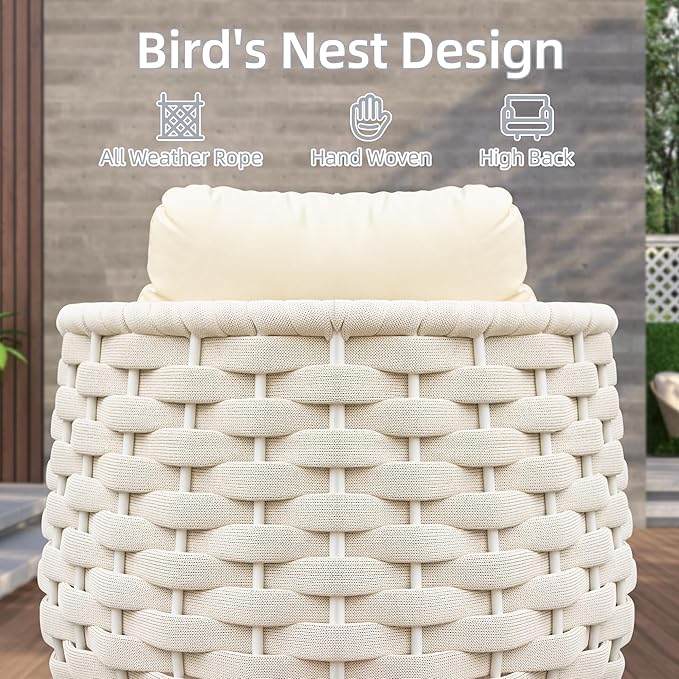 TWT Outdoor 3-Piece Conversation Set Rust Free Patio Furniture Set Already Assembled Compact-Weave Rope Olefin Modern Sofa Seating with Thick & Washable Cushions for Indoor, Backyard, Balcony, Cream