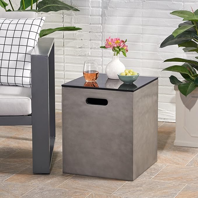 Propane Tank Cover Table for Fire Pits, 20 LB Concrete Propane Tank Holder with Side Handles, Outdoor Tank Storage Side Table for Patio, Gas Griddle, Black+Gray, Ceramic Top