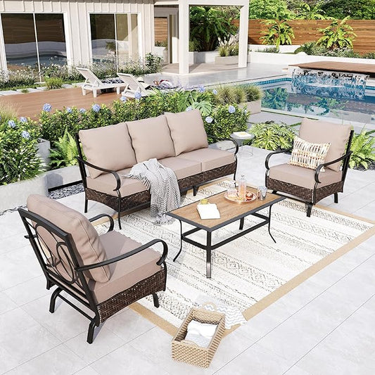 GREEN PARTY Extra Large Outdoor Patio Furniture Set 4 Pieces for 5, Modern Metal Patio Conversation Sets with High Back 3-Seat Sofa, 2 Motion Chairs, 1 Coffee Table, for Garden, Backyard