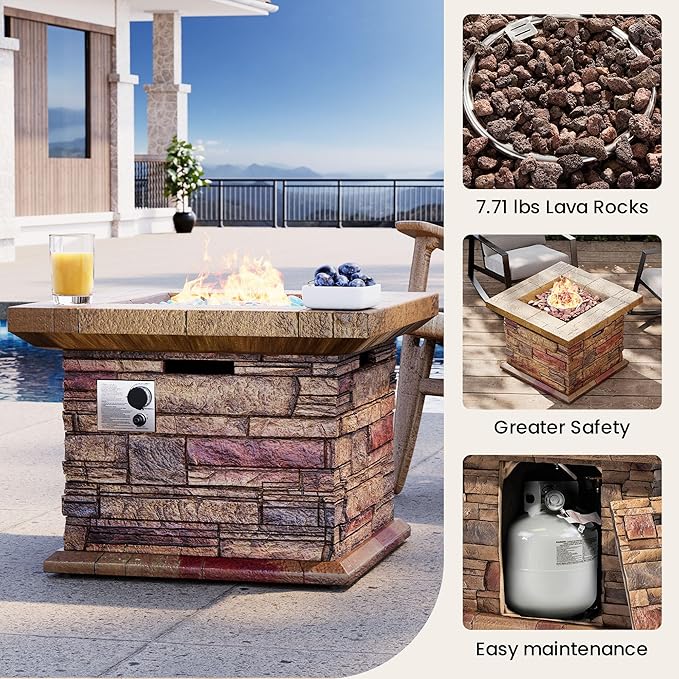 32" Outdoor Propane Fire Pit, Square Stonecrest Gas Firepit for Outside Patio, Concrete Propane Fire Table 50,000 BTU Gas Fire Pits with Lava Rocks, CSA Certified, Blue Fire Glass