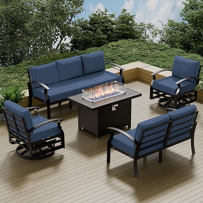Aluminum Patio Furniture Set with Fire Pit Table, 7 Seats Outdoor Patio Conversation Sets with Swivel Chair Modern Metal Patio Sectional Sofa with Upgrade Cushions for Patio, Backyard Navy