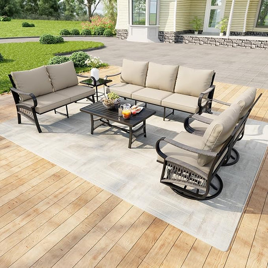 6 Pieces Outdoor Patio Conversation Sets, Outdoor Furniture Set Metal Swivel Rocking Chairs with Side Table, Loveseat Sofa with Coffee Table, 3-Seater Couch for Backyard Deck Porch Poolside, Beige