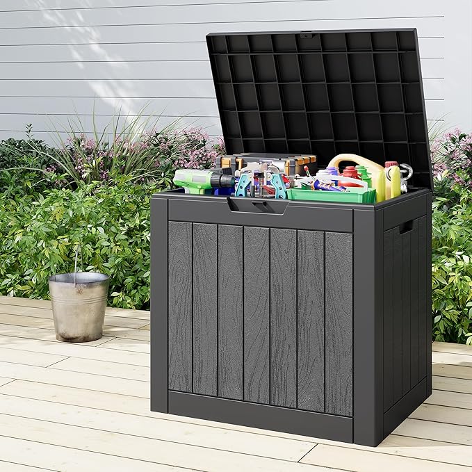 NUNU LAB 35 Gallon Outdoor Storage Box Waterproof, Outside Package Delivery Deck Boxes with Lockable Lid, Backyard Storage Bin For Garden Tools, Patio Cushions, Pool Accessories, Black