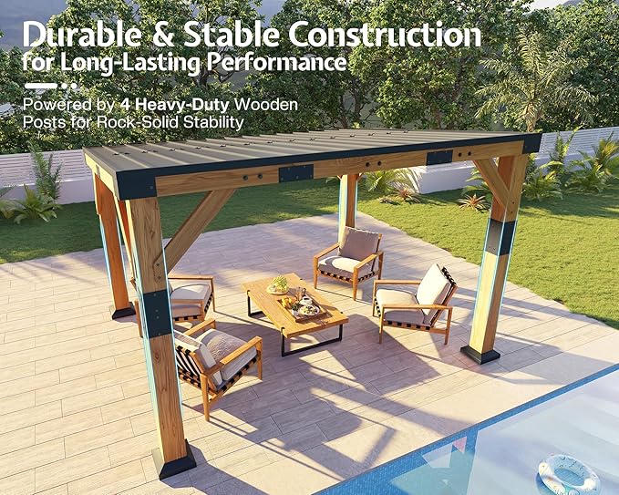Jocisland 10' x 12' Cedar Wood Gazebo with Sloped Galvanized Steel Roof, Hardtop Gazebo Pavilion with Durable, Rot-Resistant Construction, Permanent Outdoor Pergola for Backyard, Garden & Deck