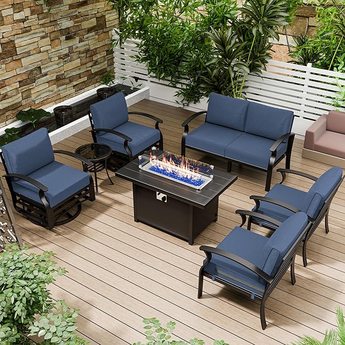 Aluminum Patio Furniture Set with Fire Pit Table, 6 Seats Outdoor Patio Conversation Sets with Swivel Chair Modern Metal Patio Sectional Sofa with Upgrade Cushions for Patio, Backyard Navy