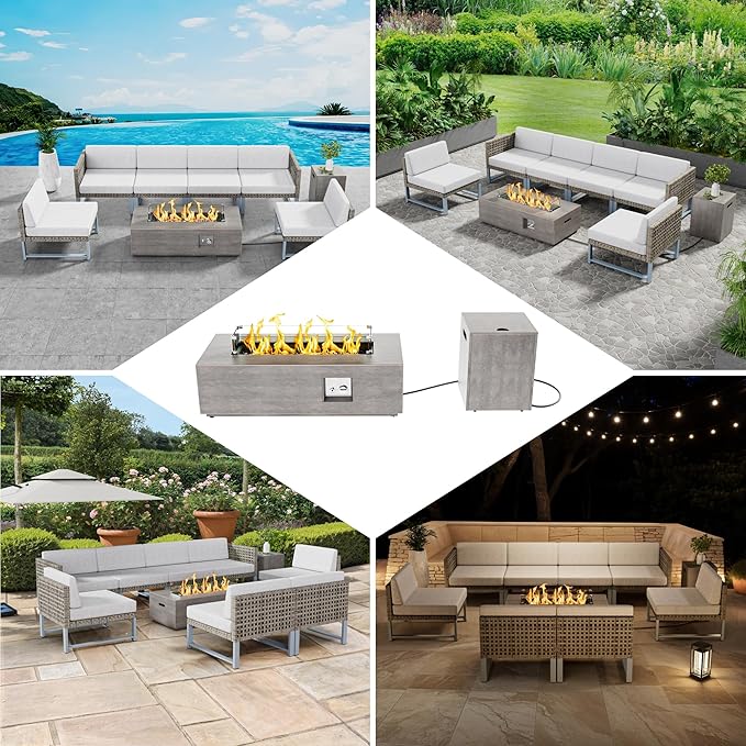 42" Rectangular Propane Fire Pit – 50,000 BTU Fire Table with Wind Guard Glass, Lid, Rocks and Cover – Backyard Fire Pits Outdoor – Propane Gas Fireplace for Deck or Patio (Grey, 42" Standard)