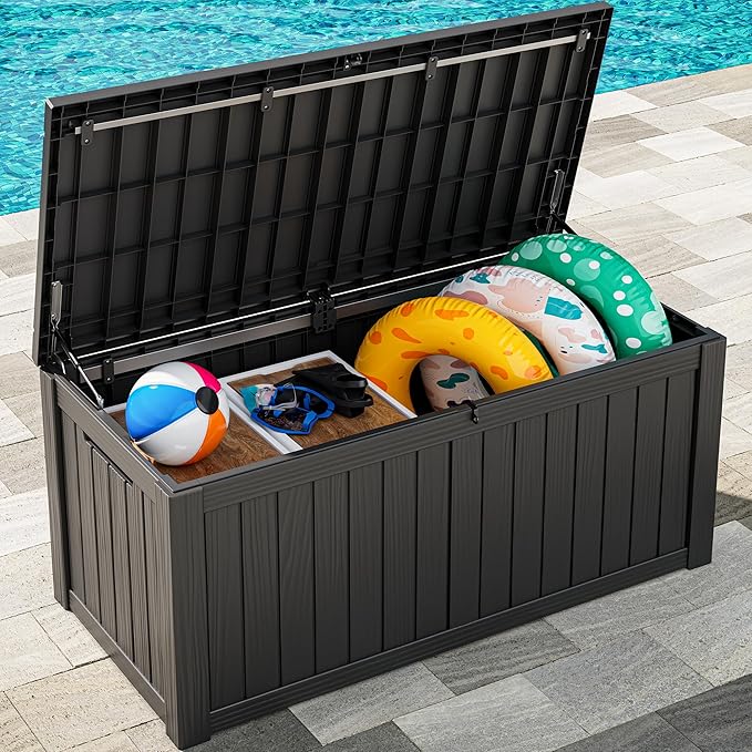 Outdoor Storage Box, Resin Deck Boxes Indoor and outdoor, Waterproof Storage Box Lockable Lid (Black, 150 Gallon)