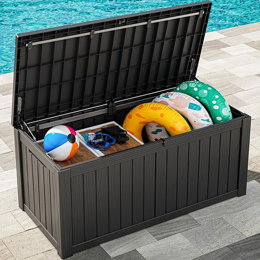 Outdoor Storage Box, Resin Deck Boxes Indoor and outdoor, Waterproof Storage Box Lockable Lid (Black, 150 Gallon)