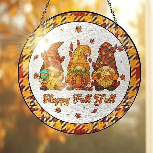 FLAGWIX Fall Decorations for Home - Happy Fall Y'all Stained Glass Window Hanging 8 in - Thank You Gifts for Women Men, Gnomes Sun Catchers Indoor Window Garden Decor, Decorations Sun Catcher