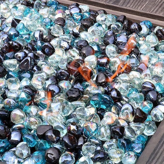 Fire Glass Diamond 1 Inch Fire Pit Glass Rocks for Propane or Gas Fire Pit (Gift Package) (20 Pounds, White/Amber/Margarita Azura Blue Blend)
