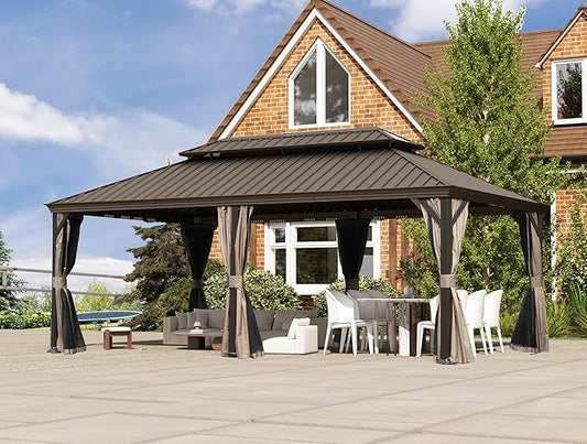 Domi 12x20FT Outdoor Gazebo, Hardtop Gazebo with Galvanized Steel Double Roof, Metal Gazebos with Drainage System Patio Pergola for Patio Deck Backyard,Curtain and Netting,Brown