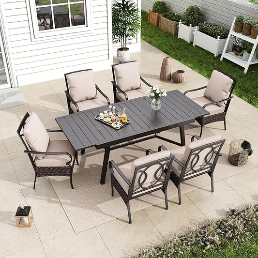 MFSTUDIO Heavy Duty 7 Piece Patio Dining Sets, Expandable Outdoor Table and Wicker Chairs, All Weather Metal Rectangular Dining Furniture Table Set for Deck, Backyard