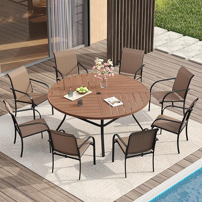 VICLLAX Round Patio Table with Adjustable Umbrella Hole for 8, All Weather Metal Outdoor Dining Table for Lawn Garden, 53.1" Outdoor Coffee Table, Walnut Wood-Like Tabletop