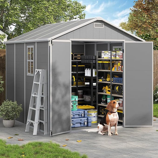 Amopatio 8x8 FT Storage Shed, Resin Outdoor Shed with Floor Included, Plastic Sheds Outdoor Storage for Bike, Garden Tools, Sheds & Outdoor Storage with Lockable Door, Window & Vents, Grey & White