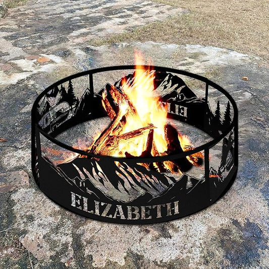 Personalized Fire Pit Ring Mountain Camper Weather Proof Custom Name 360 Degree Campfire Ring Stove Outdoor BBQs Backyard Camping Garden Decor Gifts Father Hiker Nature Lover