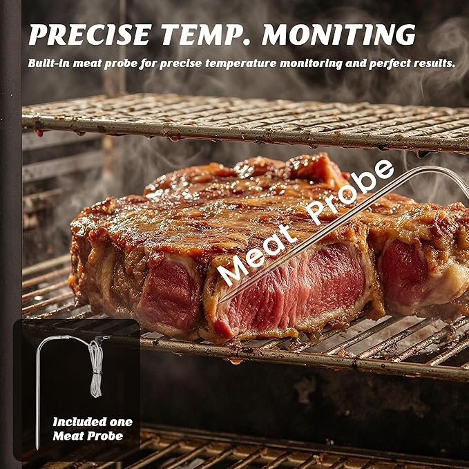 Wood Pellet Smoker with Rainproof Soft Cover, Vertical Electric Pellet Smoker Grill With Hook Meat Probe 616 Sq in Cooking Area LED Display Temperature Control, Pellet Blac