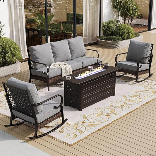 4 Piece Black Metal Outdoor Patio Furniture Sets with Firepit Table, Patio Conversation Sets 1 3-Seater Sofa, 2 Rocking Sofa with 5.75" Thick Cushion Backyard Furniture for Deck, Gray