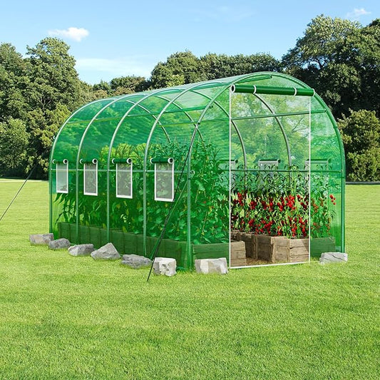 SPECILITE Walk-in Tunnel Greenhouse for Outdoors, 15×7×7 FT Heavy Duty Hoop House Kit with 8 Screen Windows, Thicken PE Cover & Galvanized Frame, Portable Large Green Houses for Outside, Winter, Green