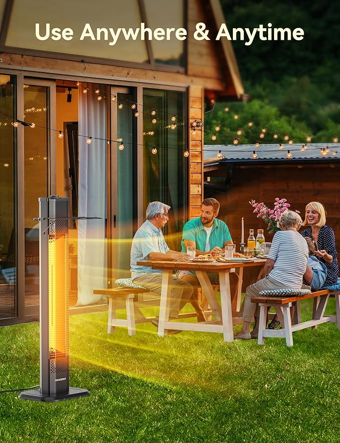 VAGKRI Outdoor Electric Patio Heater, 1500W Dual Carbon Tube 36-inch Infrared Heater, Tip-Over & Overheat Protection,1S Instant Heat, IPX5 Waterproof, Tower Space Heater for Patio, Backyard & Garage