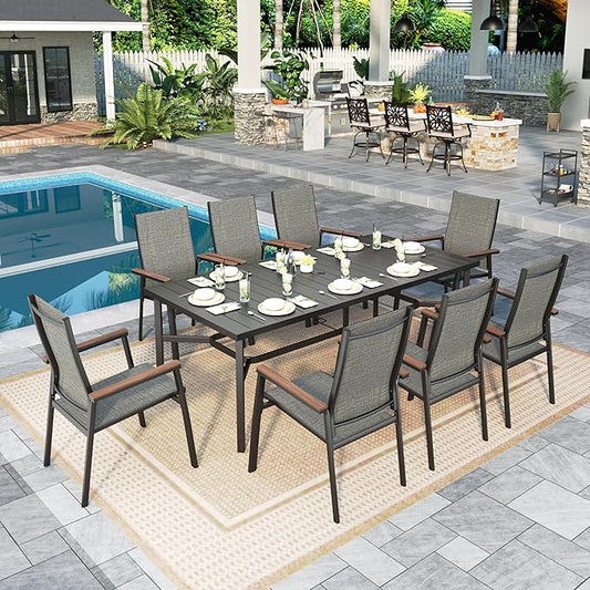 Sophia & William Patio Dining Set 9 Pieces, Patio Table and Chairs Set for 8, 83"x 39" Large Rectangular Metal Dining Table and 8 x Lightweight Aluminum Stackable Chairs (Grey)