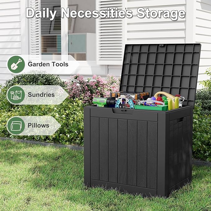 NUNU LAB 35 Gallon Outdoor Storage Box Waterproof, Outside Package Delivery Deck Boxes with Lockable Lid, Backyard Storage Bin For Garden Tools, Patio Cushions, Pool Accessories, Black
