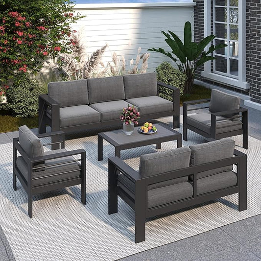 Solaste Aluminum Patio Furniture Set for All Weather, Oversized Metal Outdoor Furniture Set with 27.5" Deep Seating and 3.2" Wide Armrest, Outdoor Patio Conversation Sets with 5" Cushion, Dark Grey