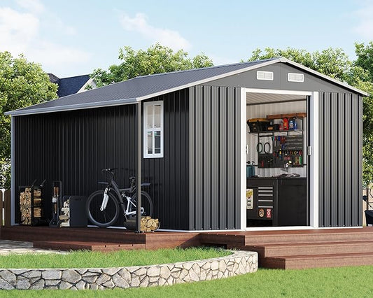 AMERLIFE 10.6x10.3x6.3 FT Galvanized Metal Storage Shed with Open Firewood Storage Area, Sliding Doors & Ramp, 2 Windows & Vents, Weather-Resistant Outdoor Tool/Yard Shed, Dark Gray
