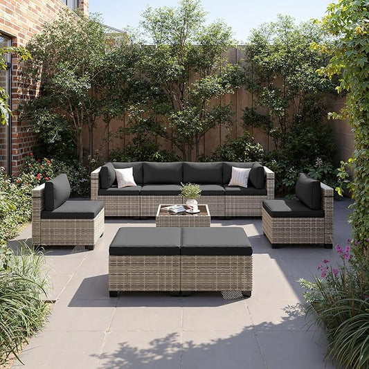 9-Piece Patio Furniture Set, Outdoor with Ottomans, Modular Patio Sofa, Dual-Strand Wicker Rattan, Rust-Resistant Frame, Backyard Furniture for Garden, Deck, Black