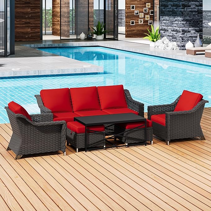 6 Pieces Outdoor Conversation Furniture Set - 77" Patio Sofa, 2 Armchairs, 2 Ottomans, 1 Metal Table, Patio Wicker Couch Set with Washable Cushions for Swimming Pool (Red)