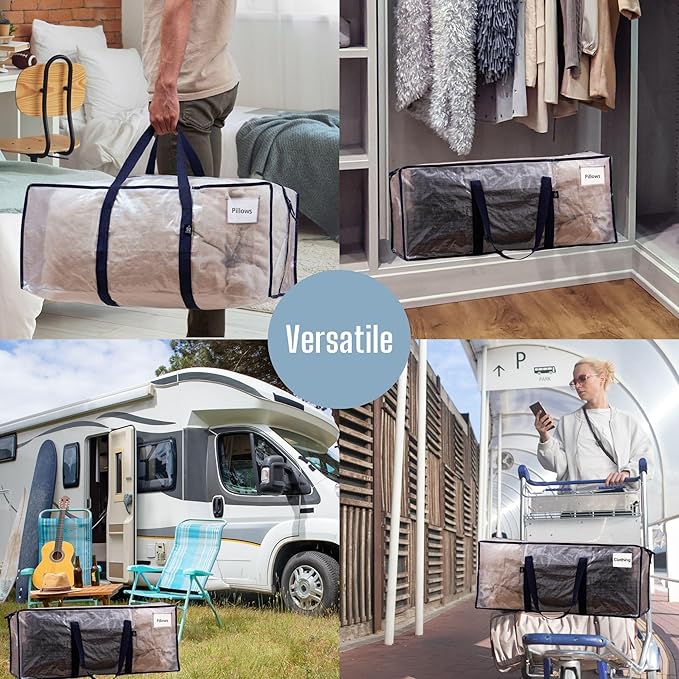 VENO 4 Pack Moving Bags, Christmas Storage Containers, Storage Bins with Lids, Reinforced Wraparound Handles, Packing Bags for Clothes, Bedding, Comforters (Clear, 4 Pack)