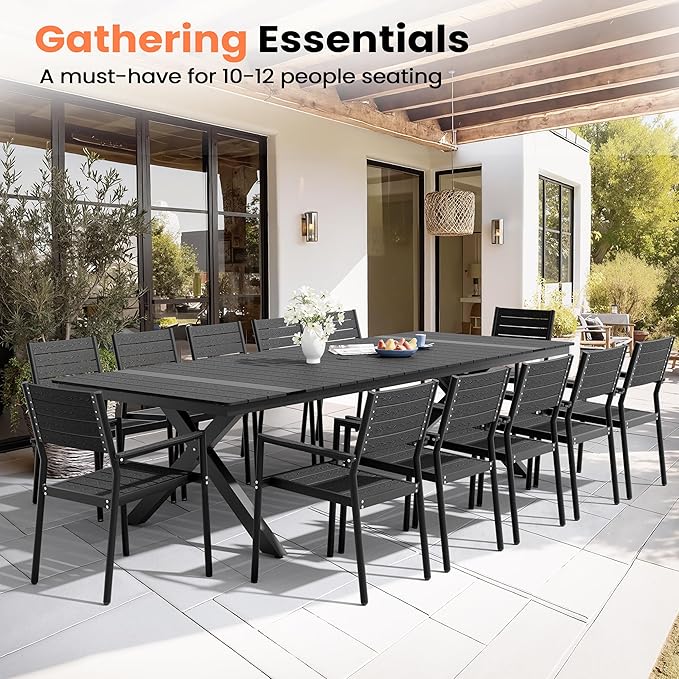 Pellebant 118" Outdoor Dining Table for 8-12, Aluminum Patio Dining Table with Umbrella Hole, Waterproof Wood-Like Tabletop for Lawn Garden Backyard, Black