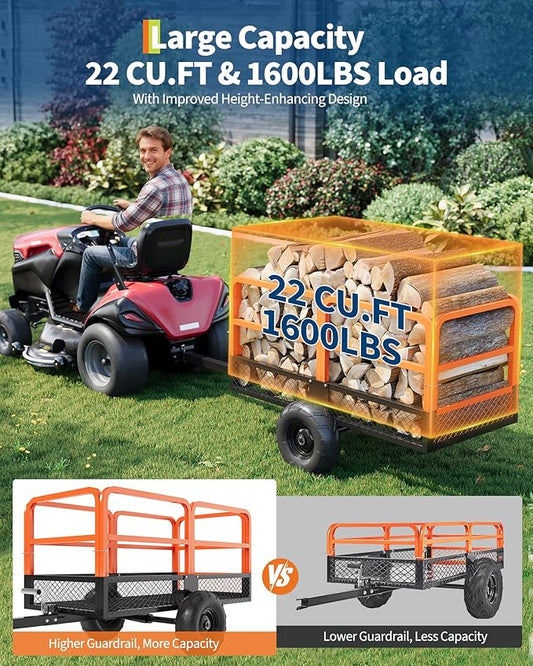 GarveeLife ATV UTV Trailer Tow Behind Dump Cart 22 Cu.ft 1600Lbs Steel, Heavy Duty Pull Behind Utility Dump Trailer for Lawn Mower Trailer Tractor Garden Yard with Removable Rear Panel