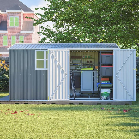 8x12 FT Metal Outdoor Storage Shed with Window & Reinforced Floor Frame, Lockable Double Doors, Weatherproof Steel Garden Tool Shed for Backyard, Lawn Equipment & Patio Organization