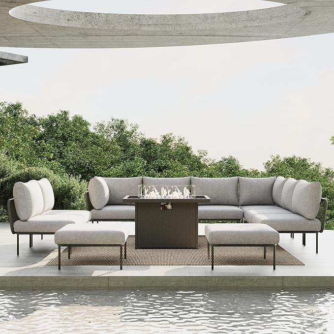 11 Piece Modern Outdoor Rope Wicker Sectional Patio L-Shaped Conversation Sofa Set Deep Seating with Fire Pit Table