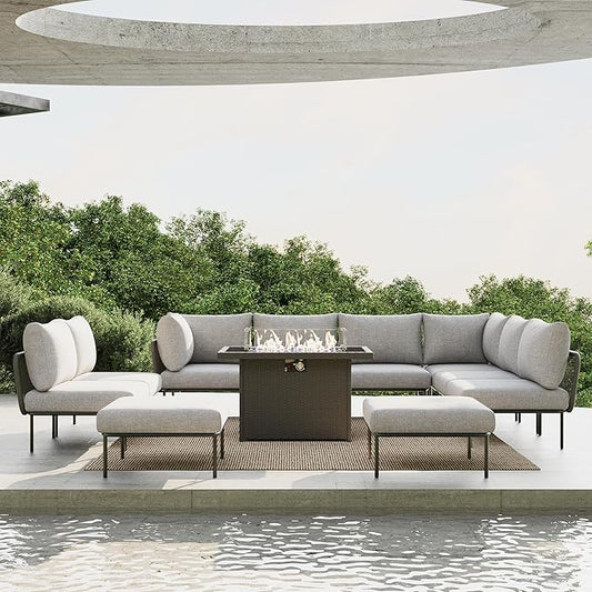 11 Piece Modern Outdoor Rope Wicker Sectional Patio L-Shaped Conversation Sofa Set Deep Seating with Fire Pit Table