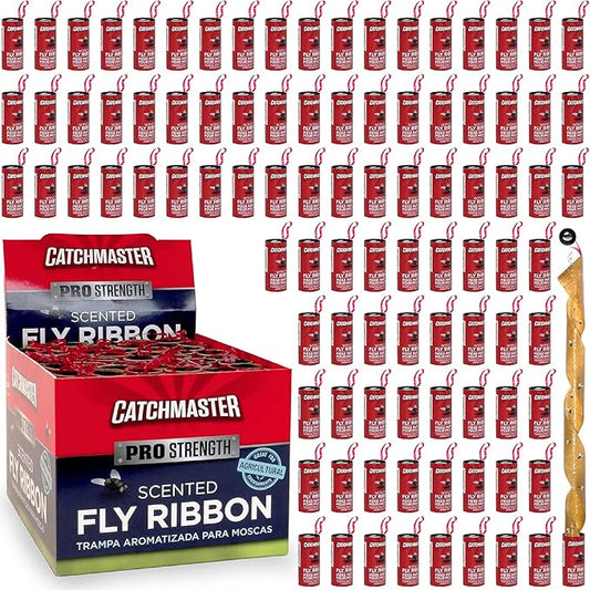 Catchmaster Fly Ribbon 96-Pack, Bug & Fruit Fly Traps Outdoor and Indoor, Premium Adhesive Sticky Fly Strips & Gnat Hanging Strips, Bulk Flying Insect Paper Rolls, Pesticide-Free Home Pest Control