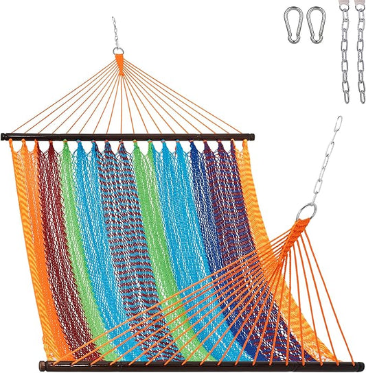 Lazy Daze Hammocks 10.5 FT Double 2 Person Caribbean Rope Hammock, Hand Woven Polyester Hammock with Spreader Bars, for Outside Outdoor Backyard Patio Poolside, 450 LBS Capacity, Multicolor