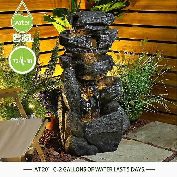 Bumilgar Water Features Outdoor Patio 6-Tier Cascading Rock Water Fountain 31.5''Water Fall Fountain Outside Resin Fountain with Light Mossy Rock Floor Garden Fountain Indoor for Relaxation Home Decor