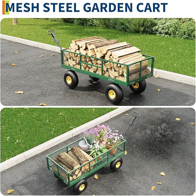 900 LBS Garden Cart on Wheels with Adjustable Handles, Heavy Duty Steel Garden Wagon with Removable Mesh Sides to Convert into Flatbed, Wagon Cart for Lawn Farm Yard, Green