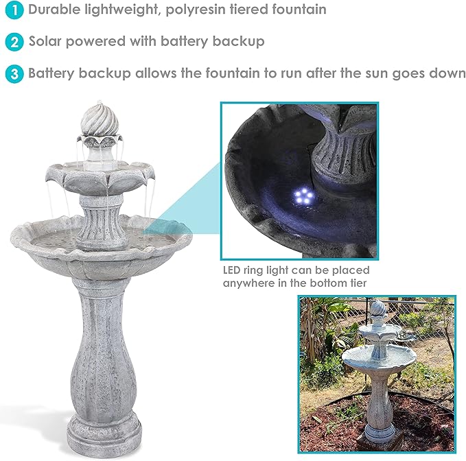 Sunnydaze 45-Inch 2-Tier Arcade Outdoor Solar Water Fountain - Outdoor Water Feature with LED Light for Garden, Patio, Yard or Balcony - White
